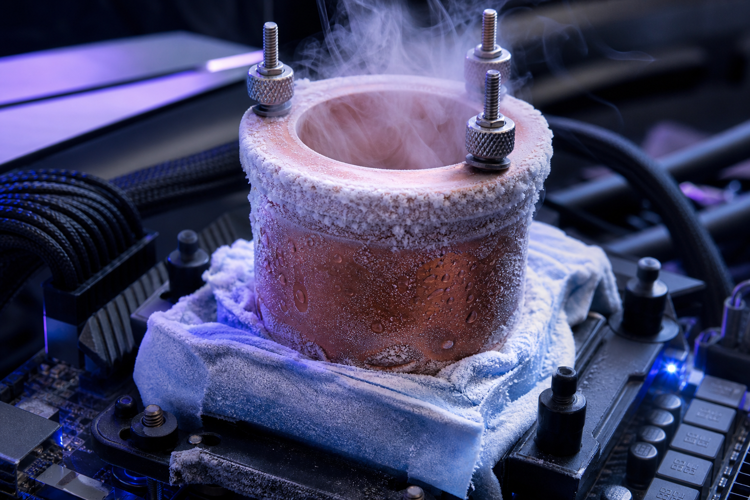 Setup di overclocking ad azoto liquido con brina sui componenti