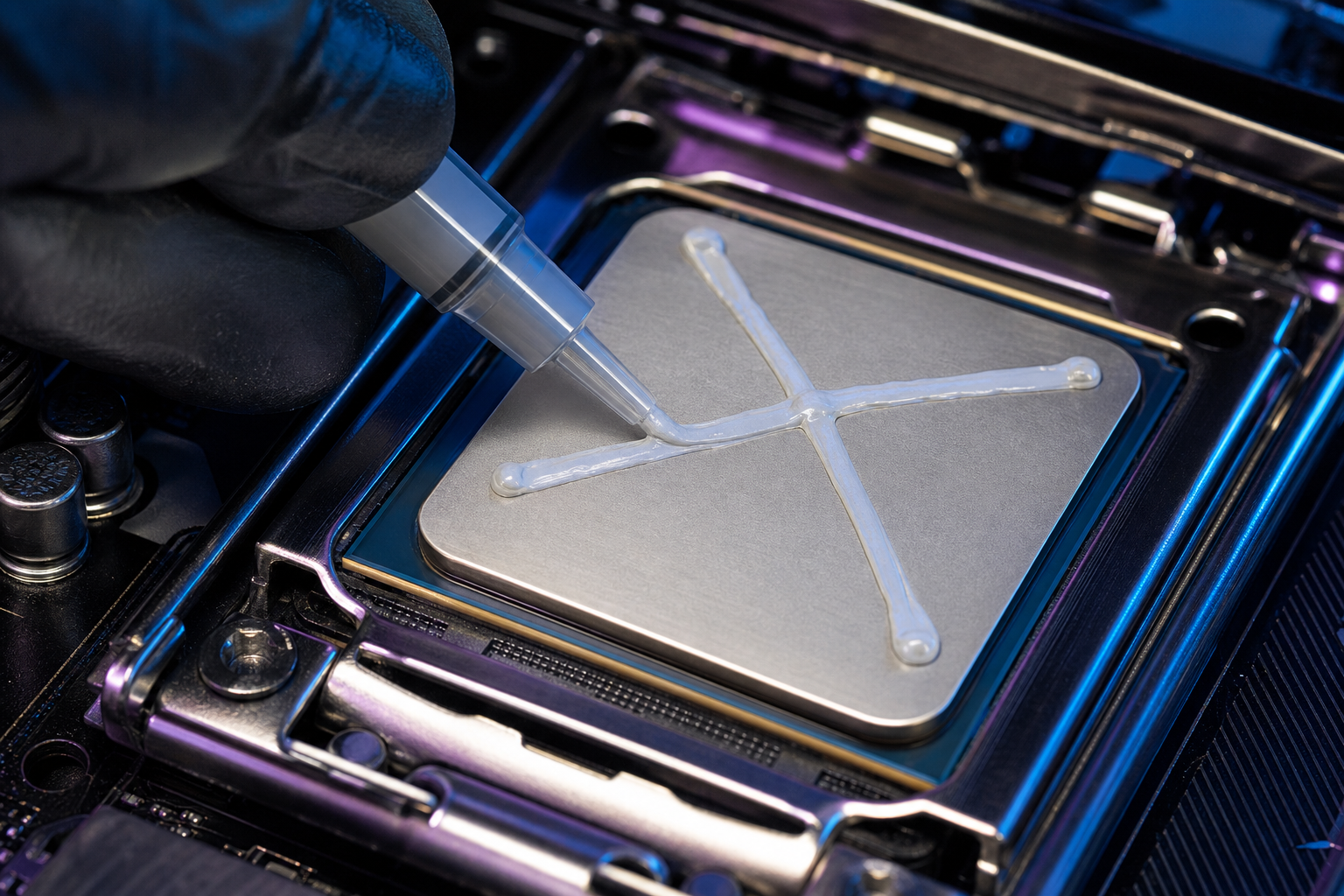 Applicazione di pasta termica su una CPU per raffreddamento estremo
