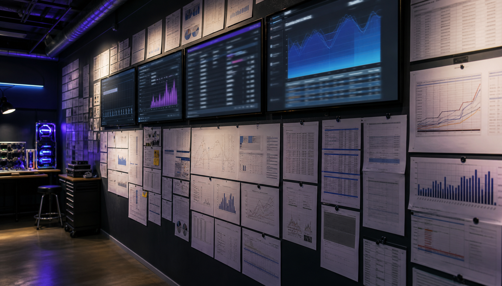 Parete con risultati di benchmark stampati e classifiche in laboratorio