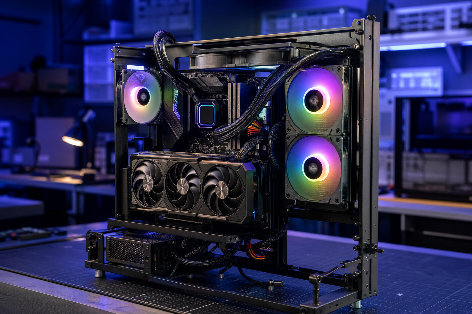 Test bench aperto con componenti PC esposti