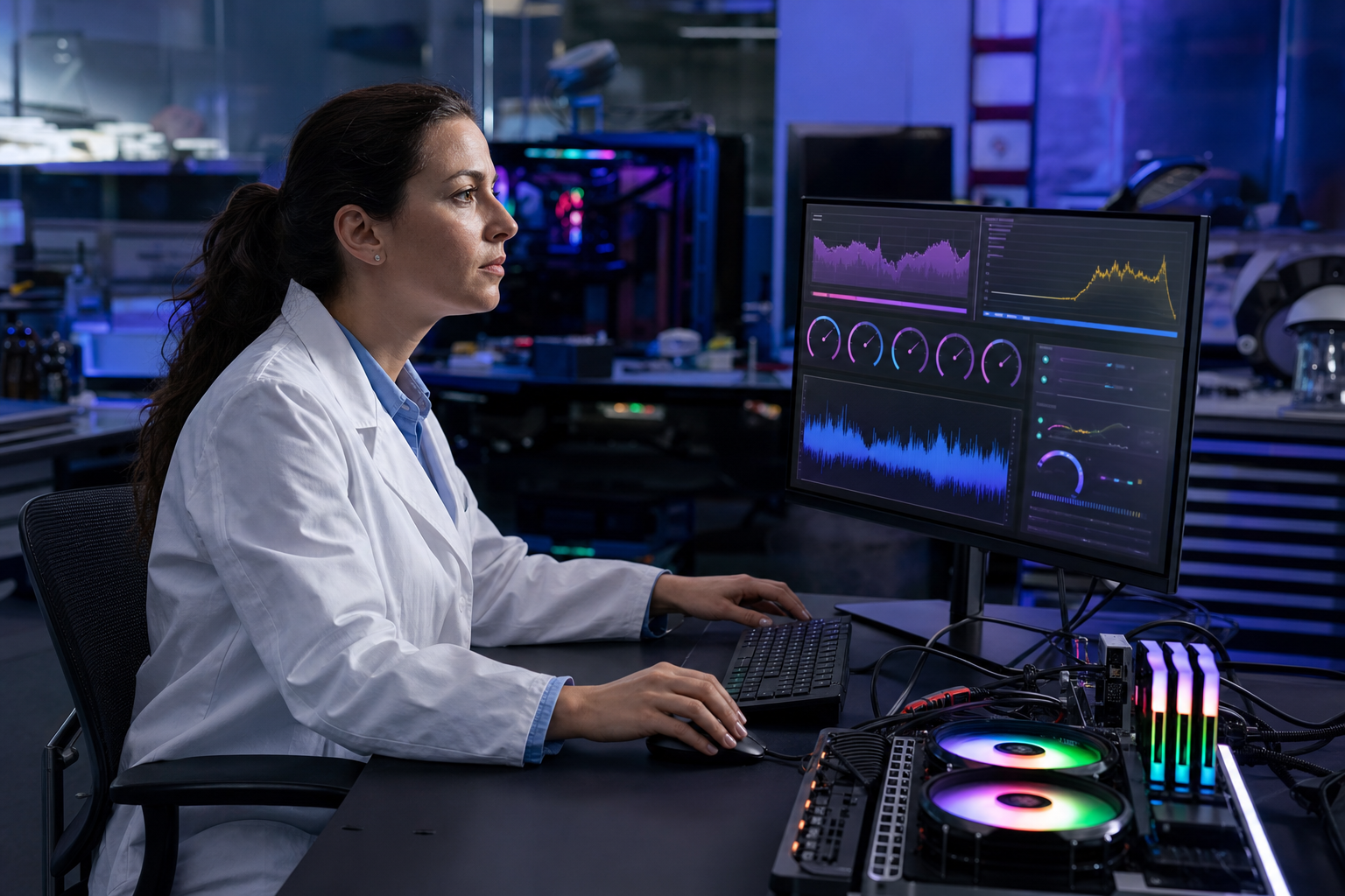 Tecnica di laboratorio esegue un test di benchmark su prestazioni.click a Perugia